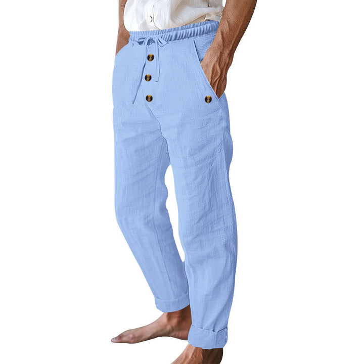 Buddha Stones Solid Color Buttons Drawstring Men's Cotton Pants With Pockets - image 44