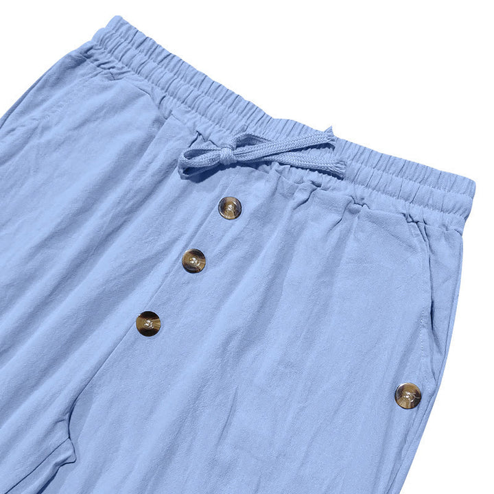 Buddha Stones Solid Color Buttons Drawstring Men's Cotton Pants With Pockets - image 45