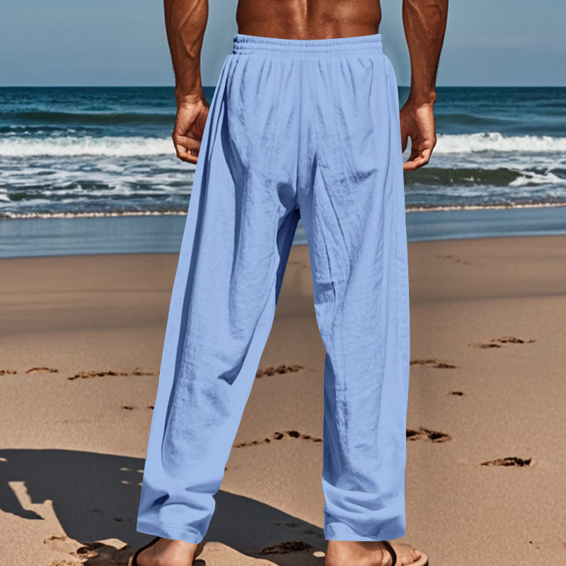 Buddha Stones Solid Color Buttons Drawstring Men's Cotton Pants With Pockets - image 43