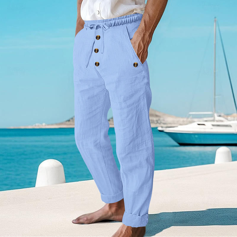 Buddha Stones Solid Color Buttons Drawstring Men's Cotton Pants With Pockets - image 42