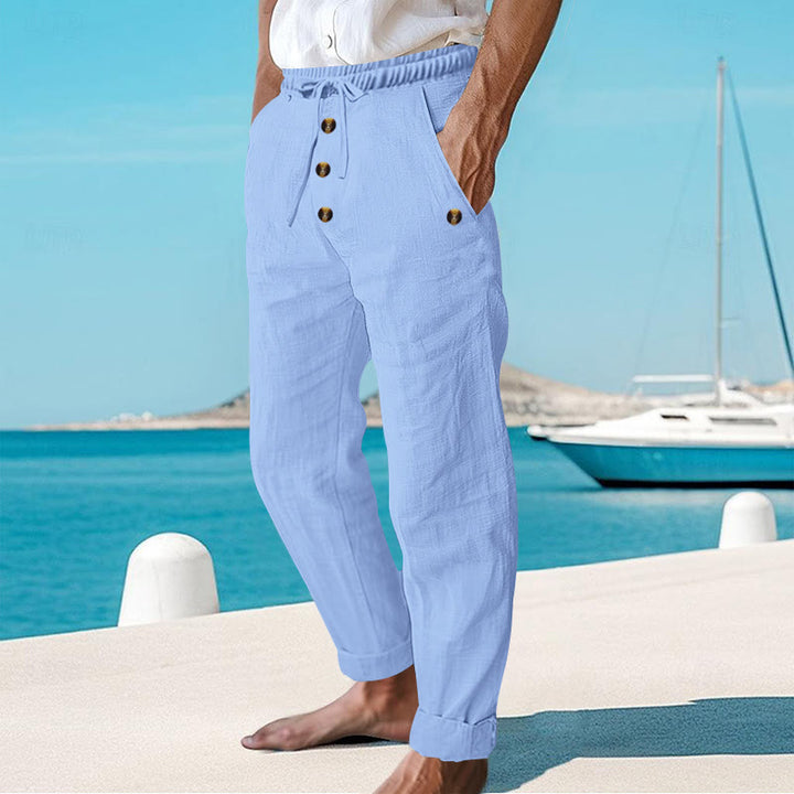 Buddha Stones Solid Color Buttons Drawstring Men's Cotton Pants With Pockets - image 42