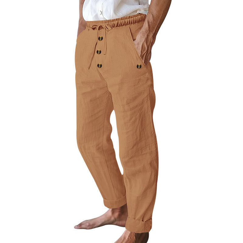 Buddha Stones Solid Color Buttons Drawstring Men's Cotton Pants With Pockets - image 51