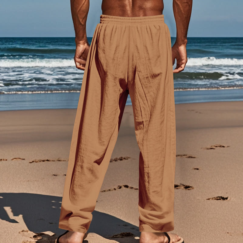 Buddha Stones Solid Color Buttons Drawstring Men's Cotton Pants With Pockets - image 50