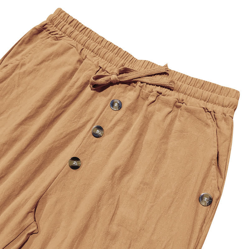 Buddha Stones Solid Color Buttons Drawstring Men's Cotton Pants With Pockets - image 52