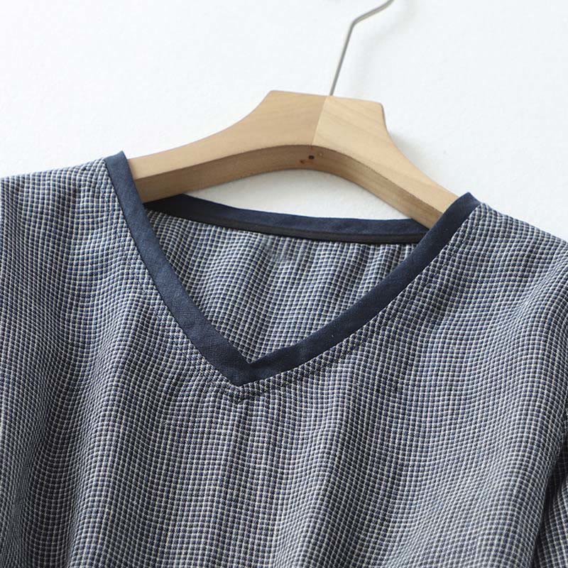 Buddha Stones Commute MidnightBlue Plaid Lace-Up Design Cotton Linen Midi Dress With Pockets - image 4