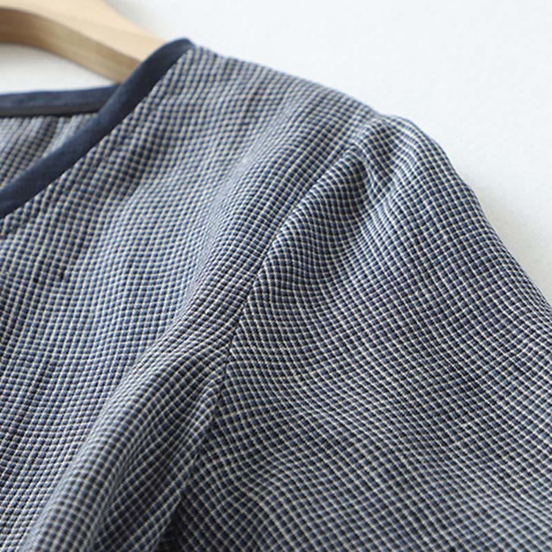 Buddha Stones Commute MidnightBlue Plaid Lace-Up Design Cotton Linen Midi Dress With Pockets - image 6