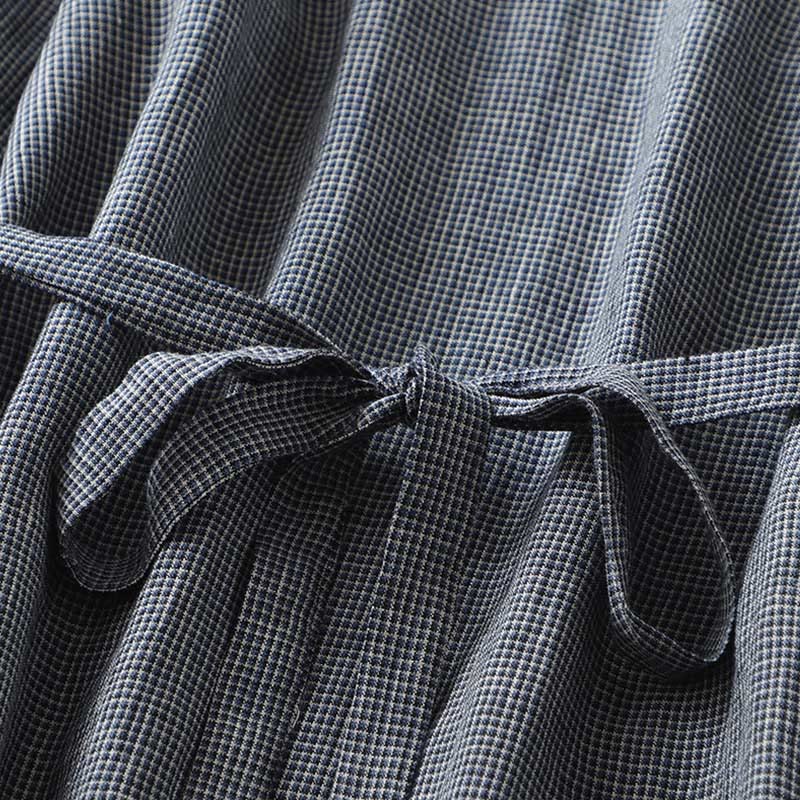 Buddha Stones Commute MidnightBlue Plaid Lace-Up Design Cotton Linen Midi Dress With Pockets - image 8