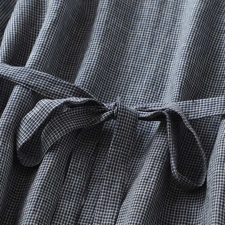 Buddha Stones Commute MidnightBlue Plaid Lace-Up Design Cotton Linen Midi Dress With Pockets - image 8