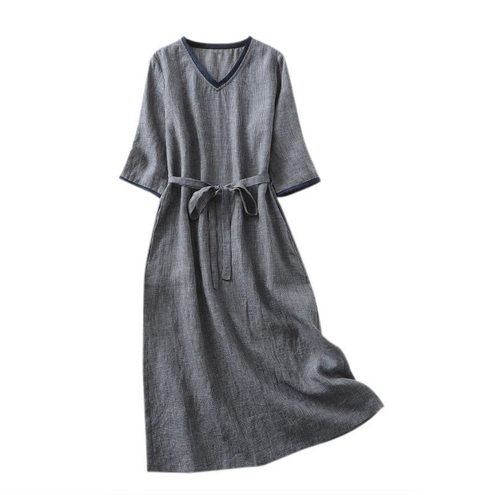 Buddha Stones Commute MidnightBlue Plaid Lace-Up Design Cotton Linen Midi Dress With Pockets - image 13