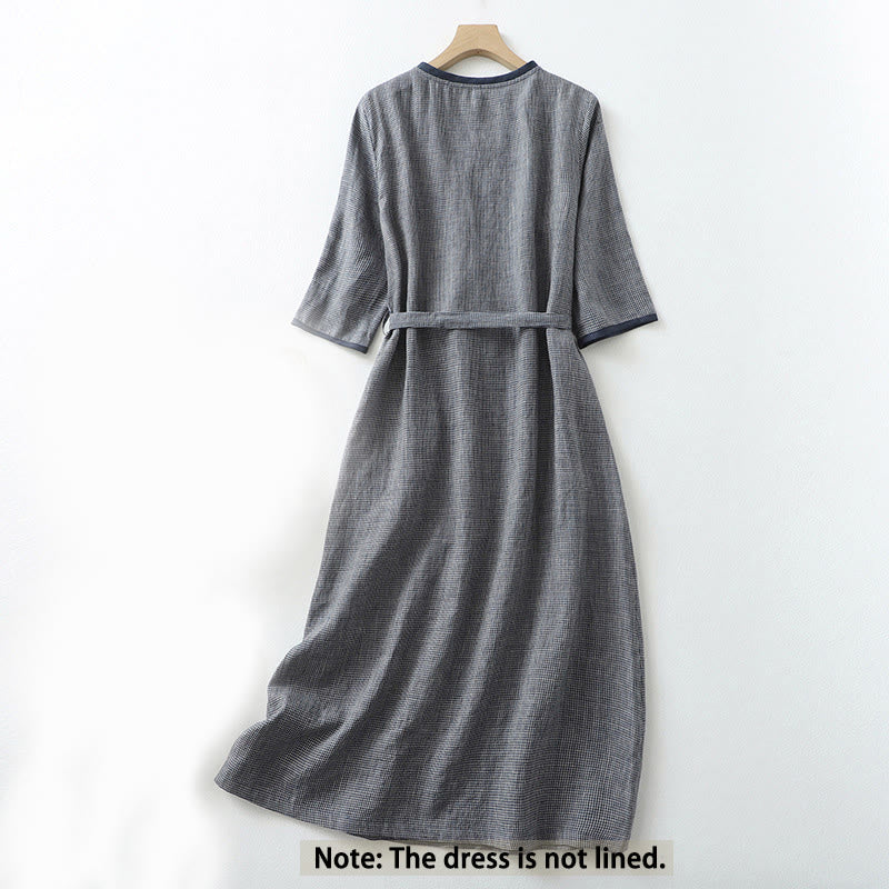Buddha Stones Commute MidnightBlue Plaid Lace-Up Design Cotton Linen Midi Dress With Pockets - image 2