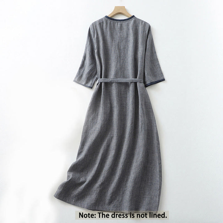 Buddha Stones Commute MidnightBlue Plaid Lace-Up Design Cotton Linen Midi Dress With Pockets - image 2