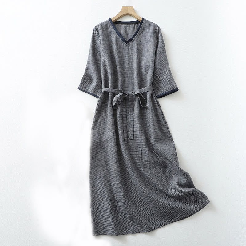 Buddha Stones Commute MidnightBlue Plaid Lace-Up Design Cotton Linen Midi Dress With Pockets - MidnightBlue - US8-10，UK/AU12-14，EU40-42 (2XL) - image 1