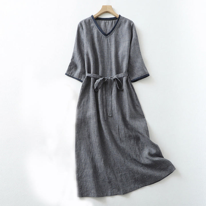 Buddha Stones Commute MidnightBlue Plaid Lace-Up Design Cotton Linen Midi Dress With Pockets - MidnightBlue - US8-10，UK/AU12-14，EU40-42 (2XL) - image 1