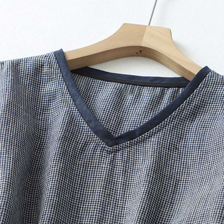 Buddha Stones Commute MidnightBlue Plaid Lace-Up Design Cotton Linen Midi Dress With Pockets - image 3