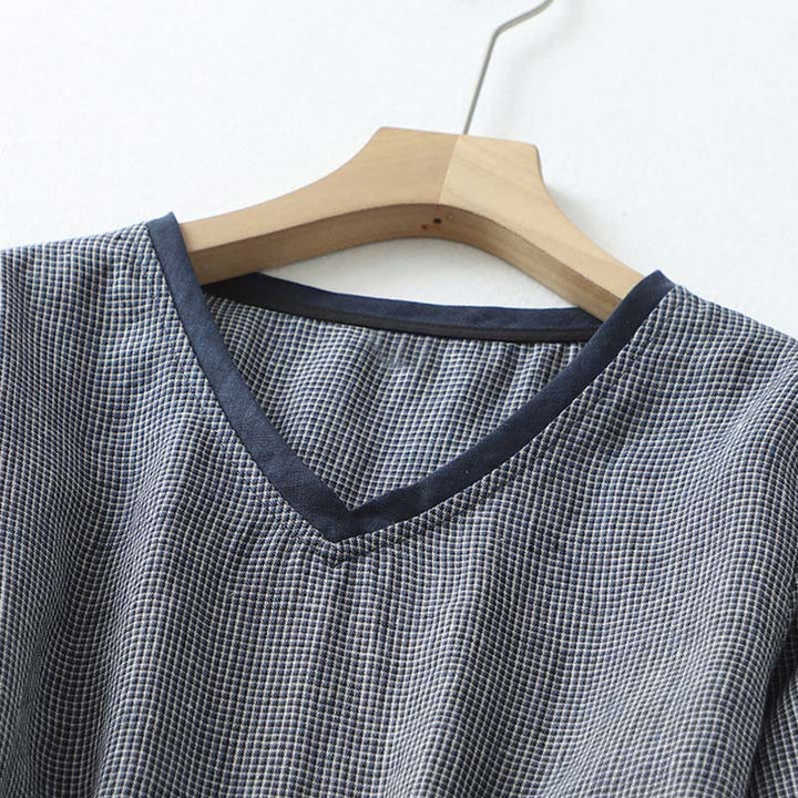 Buddha Stones Commute MidnightBlue Lace-Up Half Sleeve Design Cotton Linen Midi Dress With Pockets - image 3