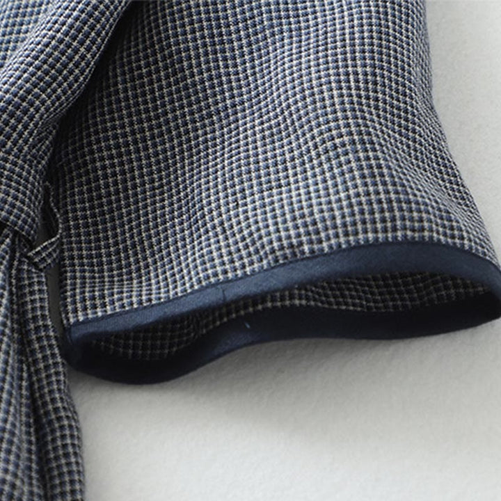 Buddha Stones Commute MidnightBlue Plaid Lace-Up Design Cotton Linen Midi Dress With Pockets - image 7