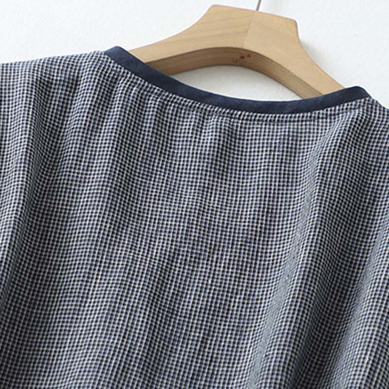 Buddha Stones Commute MidnightBlue Plaid Lace-Up Design Cotton Linen Midi Dress With Pockets - image 5