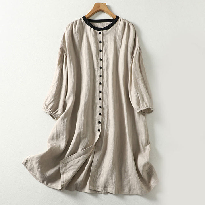 Buddha Stones Buttons Design Women's Cotton Linen Long Sleeve Coat With Pockets - Linen - US14，UK/AU18，EU46 (2XL) - image 1