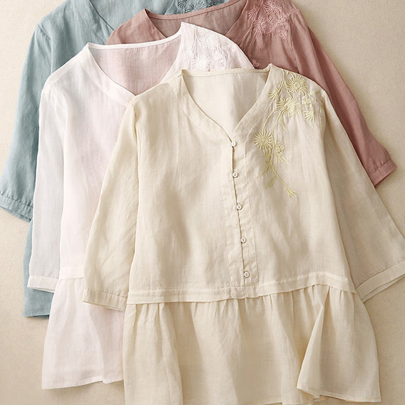 Buddha Stones Embroiderd Front Button Design Women's Cotton Three Quarter Sleeve Shirt  - image 28