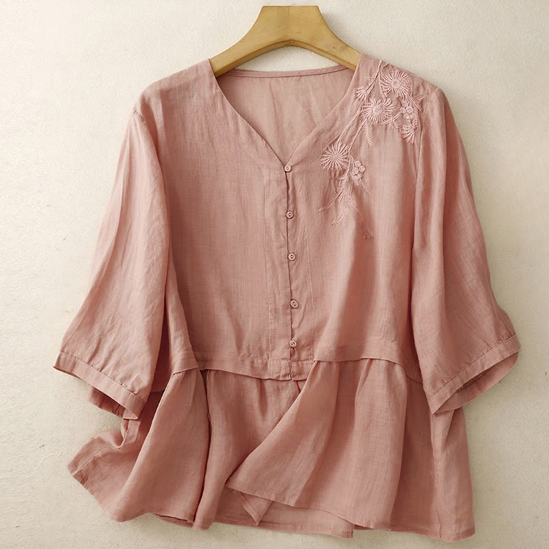 Buddha Stones Embroiderd Front Button Design Women's Cotton Three Quarter Sleeve Shirt  - image 21