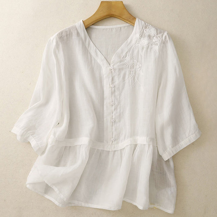 Buddha Stones Embroiderd Front Button Design Women's Cotton Three Quarter Sleeve Shirt  - image 6