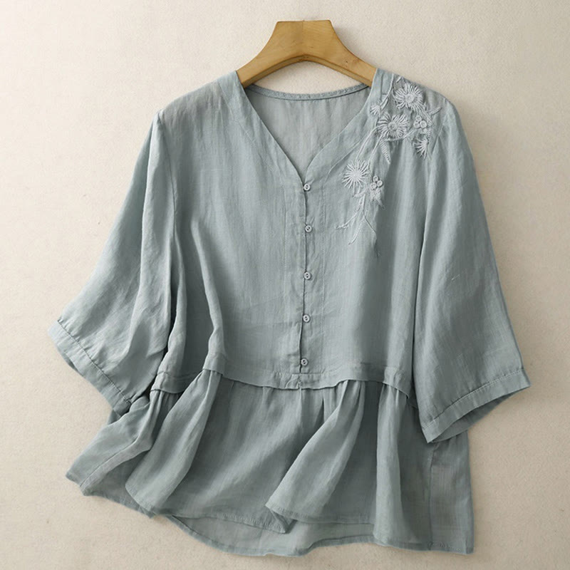 Buddha Stones Embroiderd Front Button Design Women's Cotton Three Quarter Sleeve Shirt  - image 0