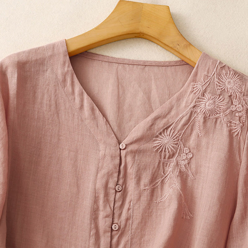 Buddha Stones Embroiderd Front Button Design Women's Cotton Three Quarter Sleeve Shirt  - image 24