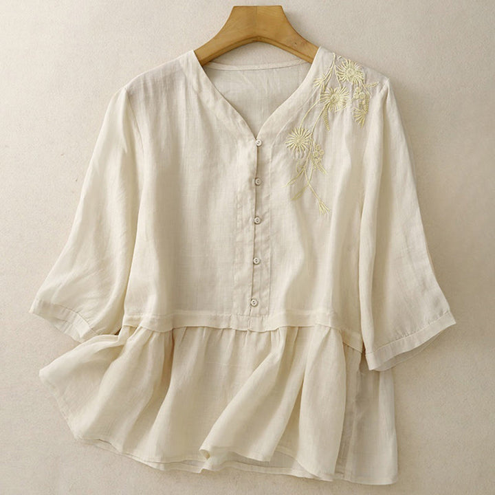 Buddha Stones Embroiderd Front Button Design Women's Cotton Three Quarter Sleeve Shirt  - image 12