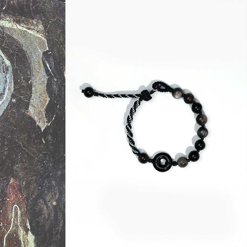 Buddha Stones Natural Black Obsidian Peace Buckle Purification Black Rope Bracelet - Black Obsidian Peace Buckle (Wrist Circumference:15-22cm) - image 1