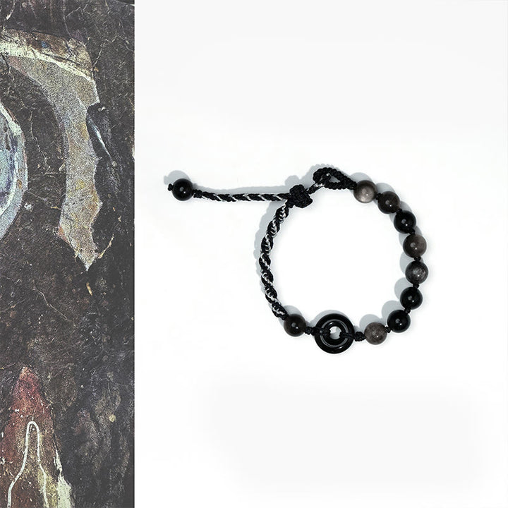 Buddha Stones Natural Black Obsidian Peace Buckle Purification Black Rope Bracelet - Black Obsidian Peace Buckle (Wrist Circumference:15-22cm) - image 1