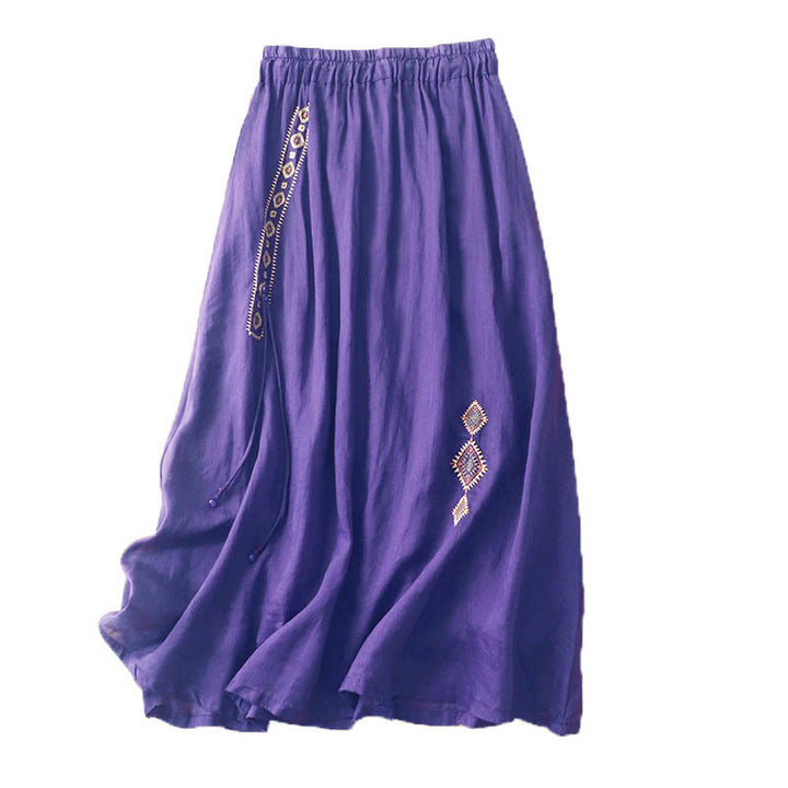 Buddha Stones Ethnic Vintage Embroidery Button Design Women's Cotton Linen 7-8 Length Skirt - image 5