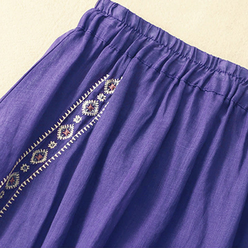 Buddha Stones Ethnic Vintage Embroidery Button Design Women's Cotton Linen 7-8 Length Skirt - image 2