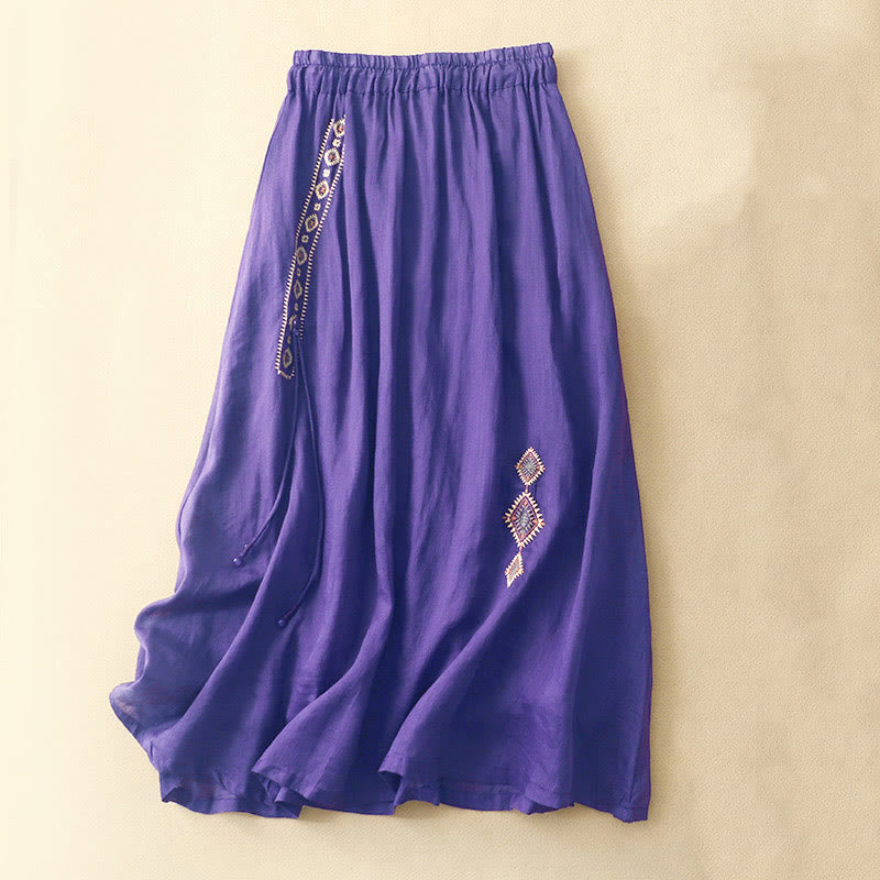 Buddha Stones Ethnic Vintage Embroidery Button Design Women's Cotton Linen 7-8 Length Skirt - DarkViolet - US8-10，UK/AU12-14，EU40-42 (2XL) - image 0