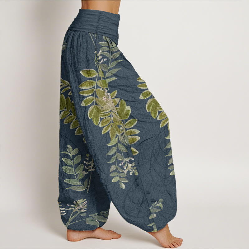 Buddha Stones Pure Cotton Green Leaves Branches Women's Elastic Waist Harem Pants - image 10