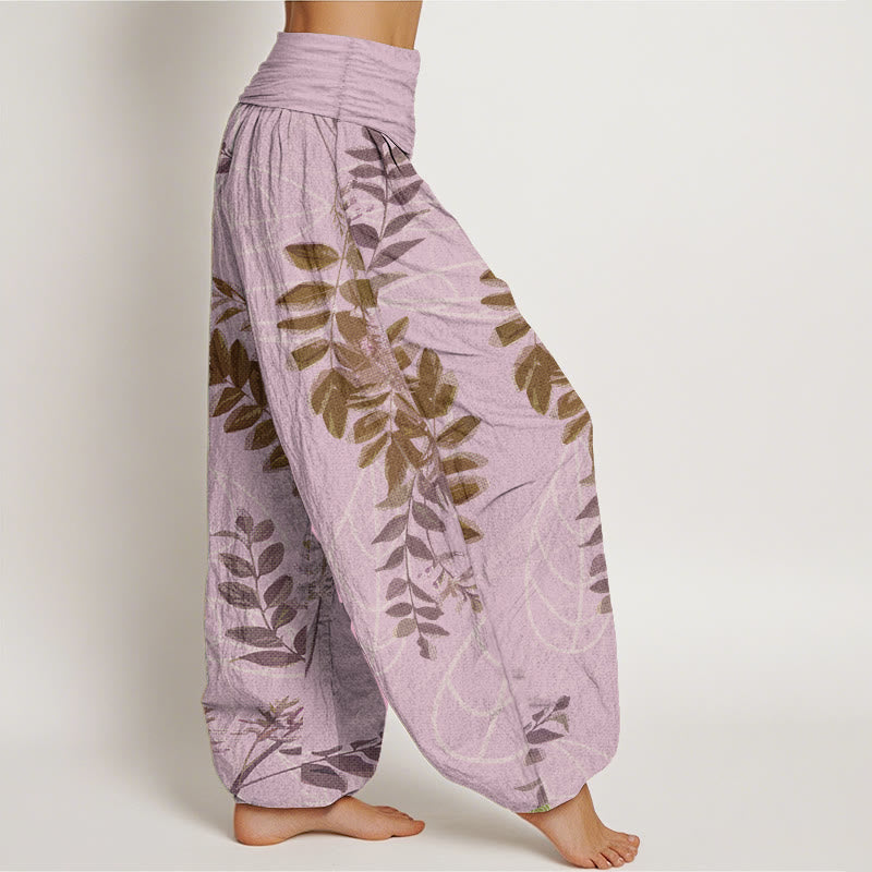 Buddha Stones Pure Cotton Green Leaves Branches Women's Elastic Waist Harem Pants - image 7