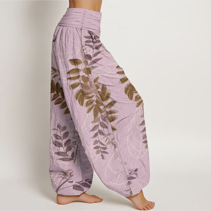 Buddha Stones Pure Cotton Green Leaves Branches Women's Elastic Waist Harem Pants - image 7