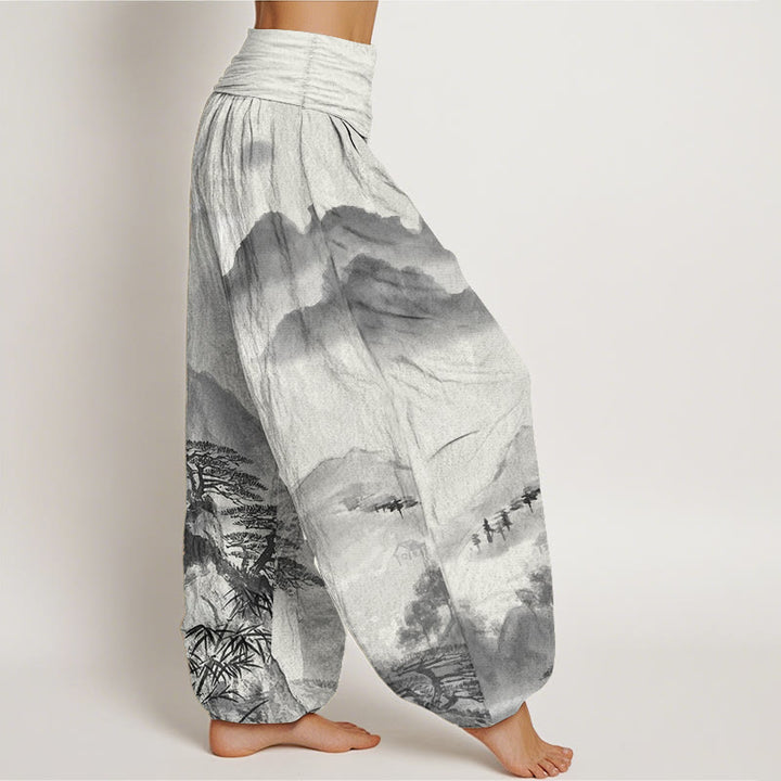 Buddha Stones Pure Cotton Mountains Trees Landscape Ink Painting Women's Elastic Waist Harem Pants - image 1