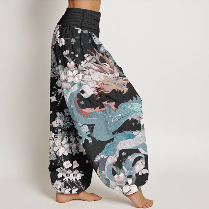 Buddha Stones Pure Cotton Casual Dragon Cherry Blossoms Women's Elastic Waist Harem Pants - image 2