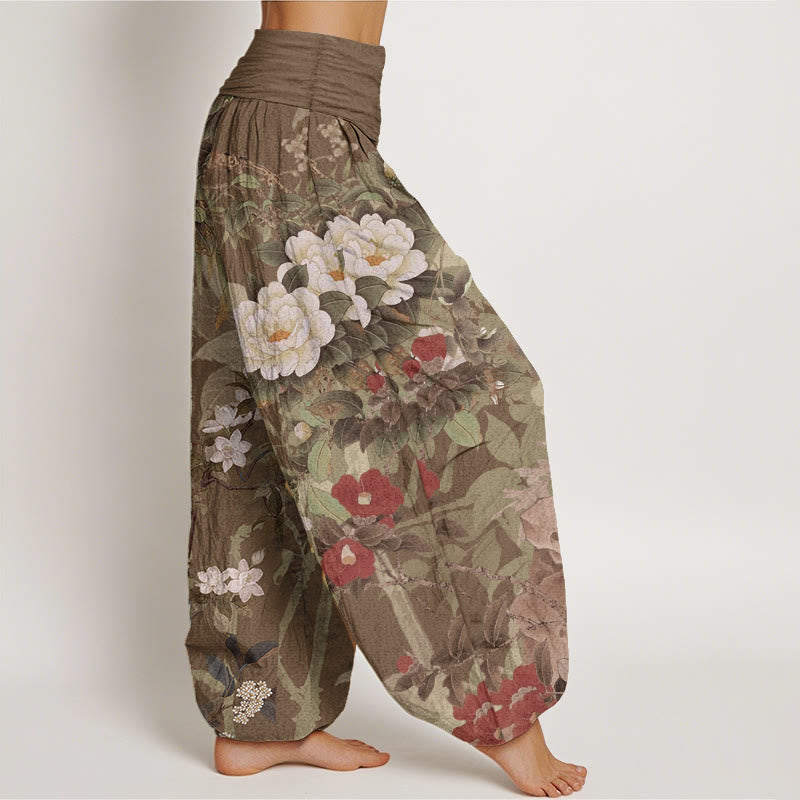 Buddha Stones Pure Cotton Casual Peony Flowers Leaves Magpie Women's Elastic Waist Harem Pants - image 6