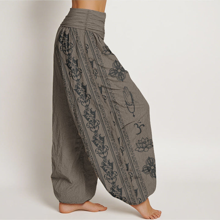 Buddha Stones Pure Cotton Lotus Flowers Double Dorje Vajra Namaste Om Design Women's Elastic Waist Harem Pants - image 18