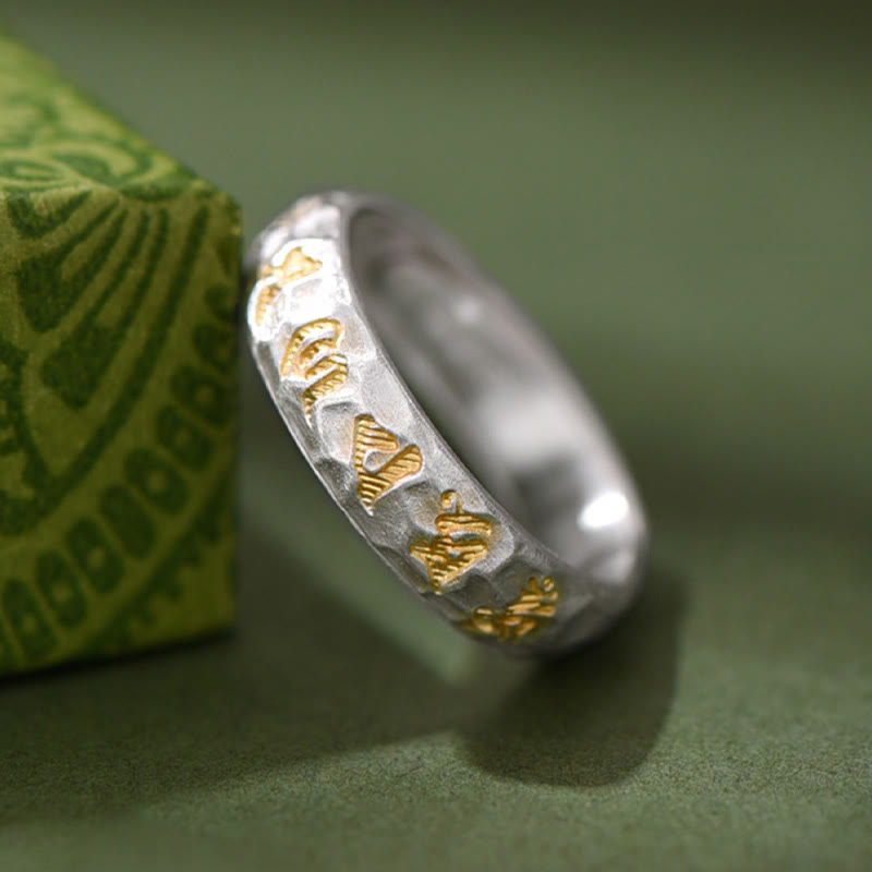 Buddha Stones Hammer Pattern Om Mani Padme Hum Copper Plated Silver Wealth Ring - image 3