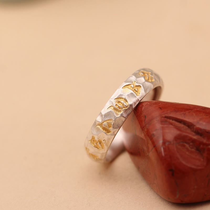 Buddha Stones Hammer Pattern Om Mani Padme Hum Copper Plated Silver Wealth Ring - image 13