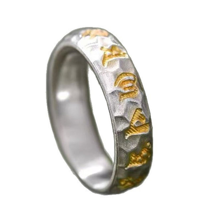 Buddha Stones Hammer Pattern Om Mani Padme Hum Copper Plated Silver Wealth Ring - image 19