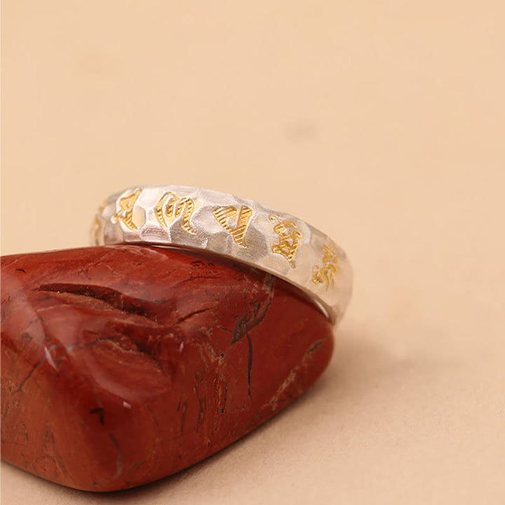 Buddha Stones Hammer Pattern Om Mani Padme Hum Copper Plated Silver Wealth Ring - image 14