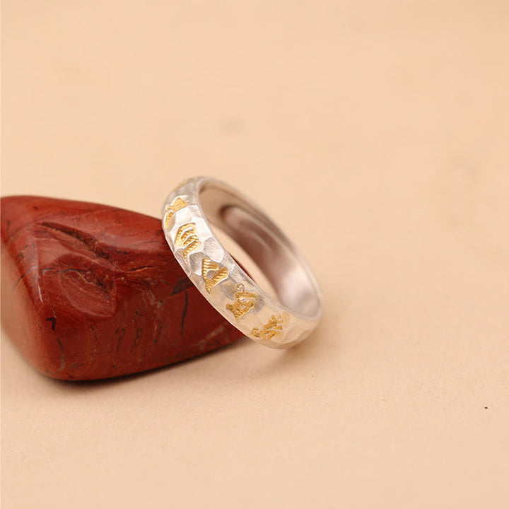 Buddha Stones Hammer Pattern Om Mani Padme Hum Copper Plated Silver Wealth Ring - image 15