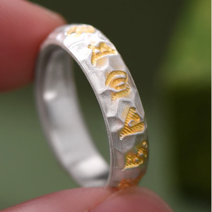 Buddha Stones Hammer Pattern Om Mani Padme Hum Copper Plated Silver Wealth Ring - image 9