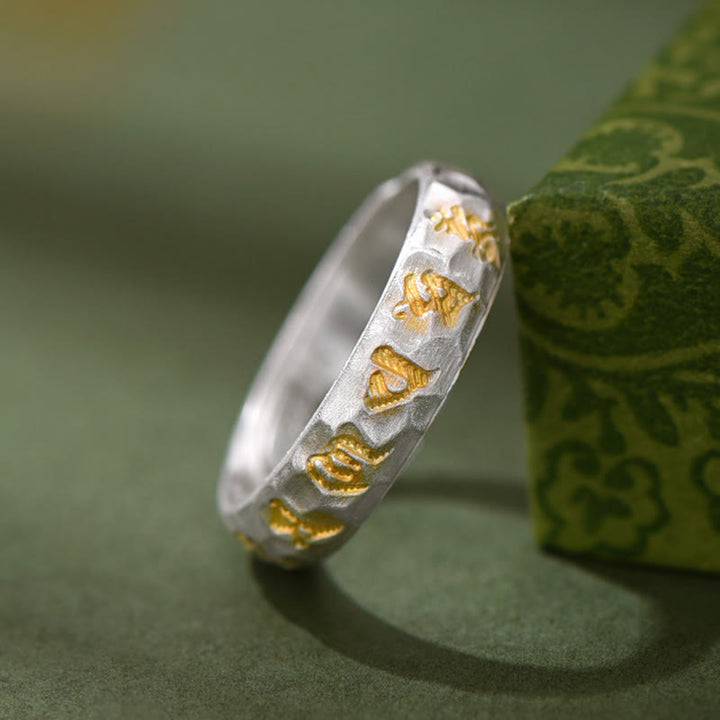 Buddha Stones Hammer Pattern Om Mani Padme Hum Copper Plated Silver Wealth Ring - image 11