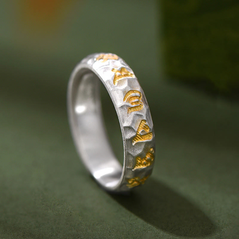Buddha Stones Hammer Pattern Om Mani Padme Hum Copper Plated Silver Wealth Ring - Copper - image 1