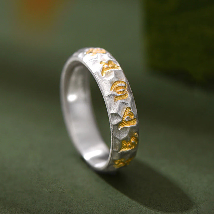 Buddha Stones Hammer Pattern Om Mani Padme Hum Copper Plated Silver Wealth Ring - Copper - image 1
