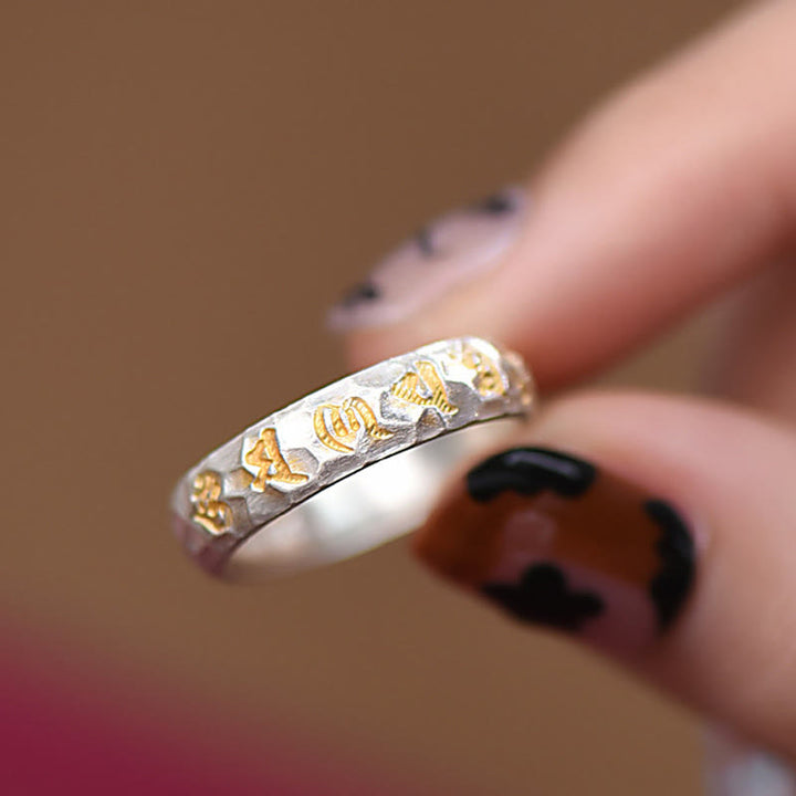 Buddha Stones 999 Sterling Silver Hammer Pattern Om Mani Padme Hum Balance Ring - image 11